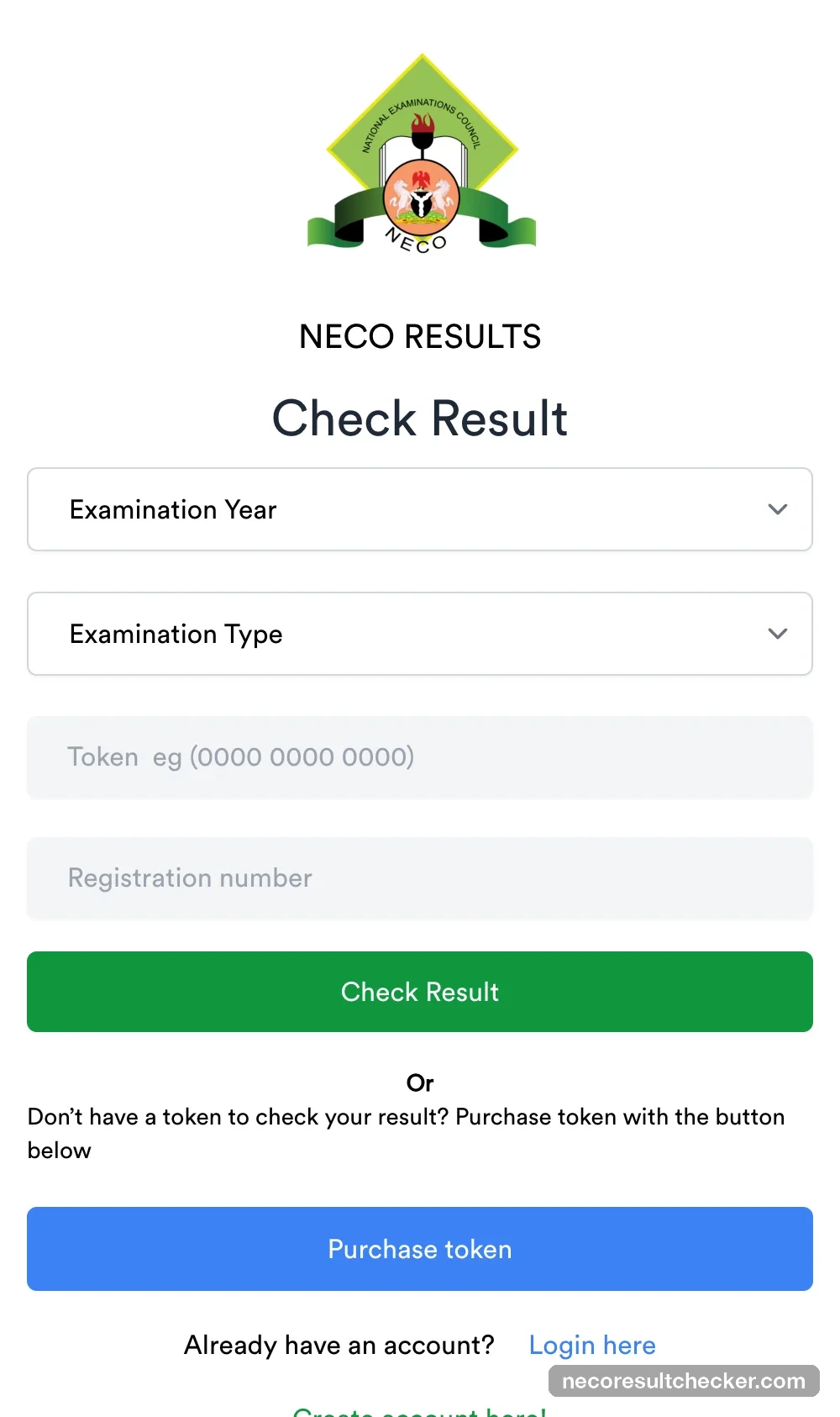 results.neco.gov.ng home page with Check Result form and a blue Purchase token button