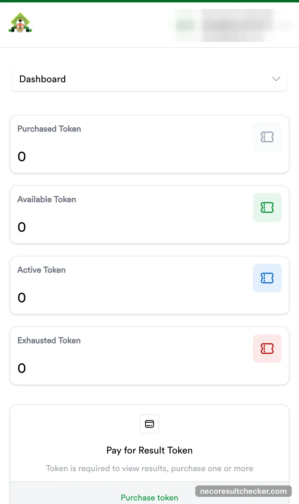 NECO portal dashboard showing Purchased, Available, Active and Exhausted token counters
