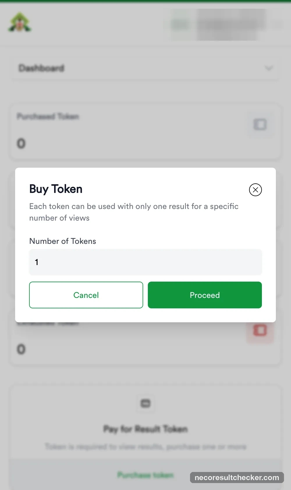 Buy Token dialog with Number of Tokens set to 1 and a Proceed button