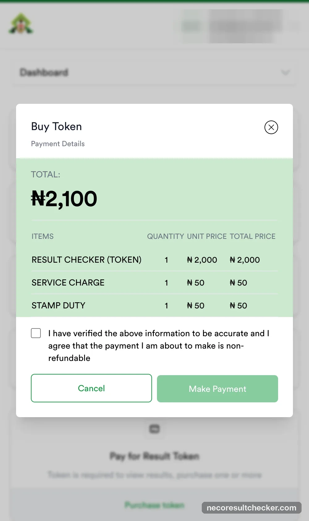 Payment Details box: total ₦2,100 made of ₦2,000 token, ₦50 service charge and ₦50 stamp duty; a non-refundable tick box and Make Payment button