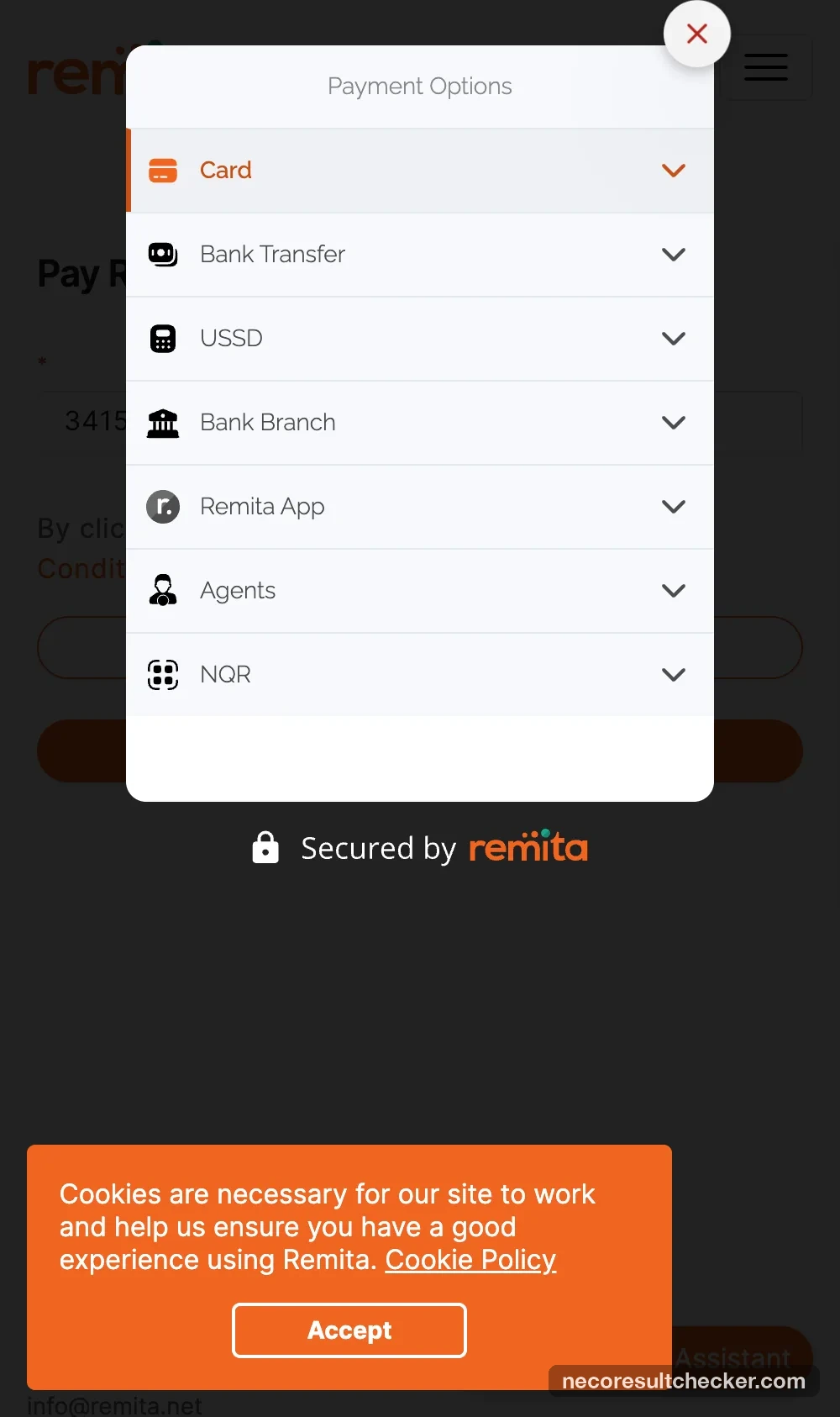 Remita payment options list: Card, Bank Transfer, USSD, Bank Branch, Remita App, Agents, NQR