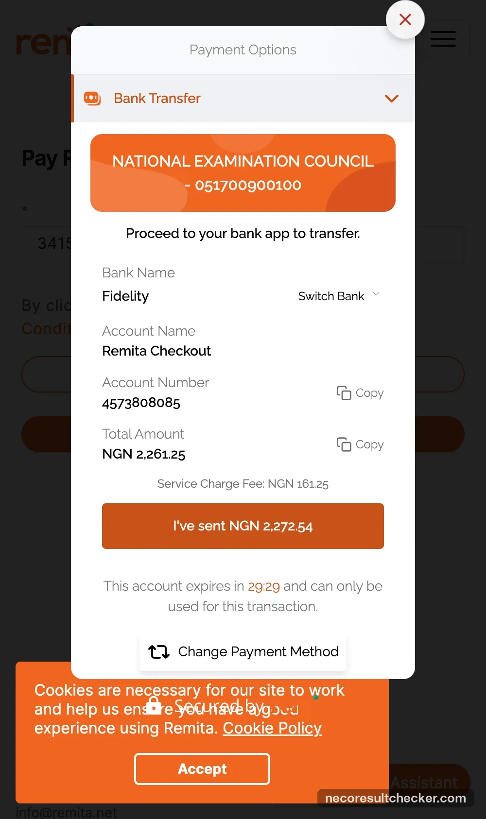 Remita bank transfer screen: Fidelity Bank, account name Remita Checkout, account number, Total Amount NGN 2,261.25, a 30-minute expiry timer and an I have sent button