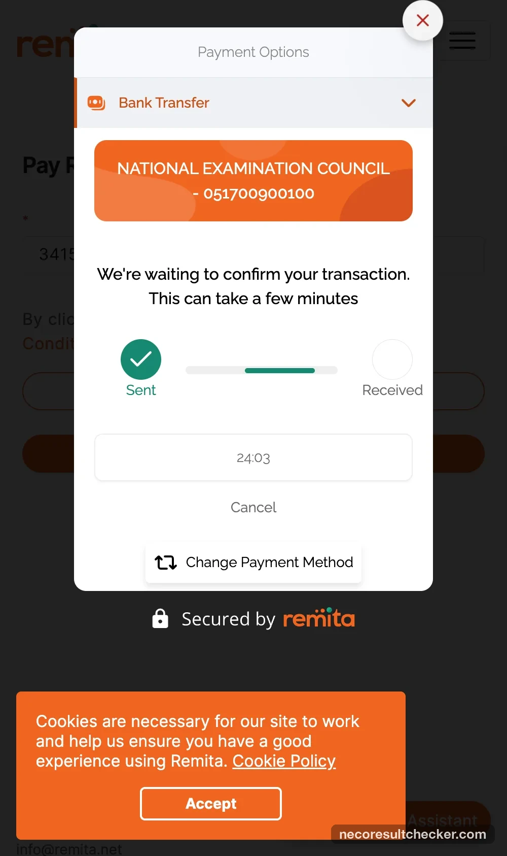 Remita screen: We are waiting to confirm your transaction, Sent ticked, Received pending, timer counting down