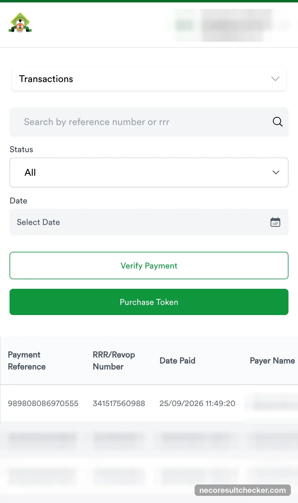 NECO Transactions page listing the payment with its RRR, ₦2,100 and status Pending