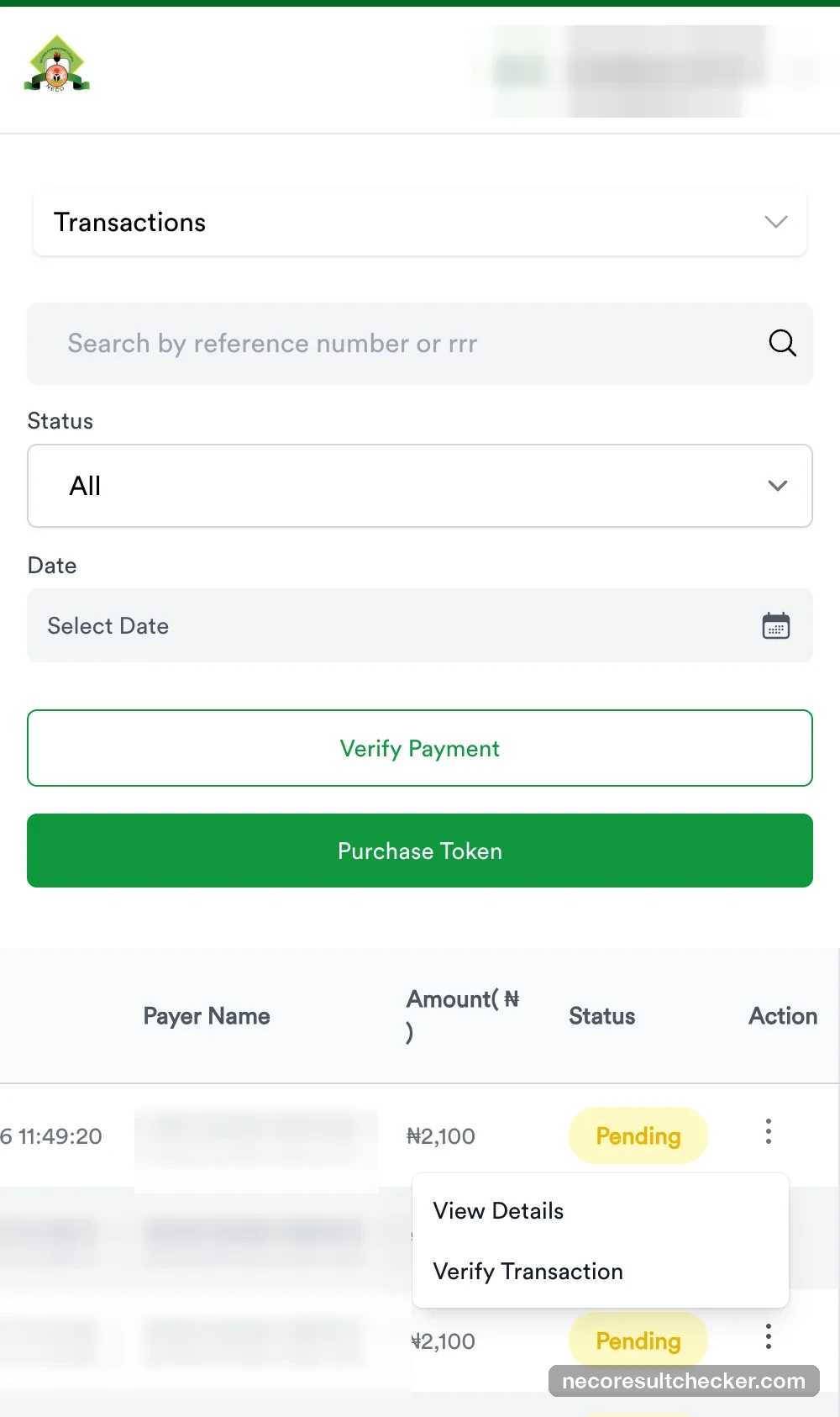 Row menu on the Transactions page with View Details and Verify Transaction