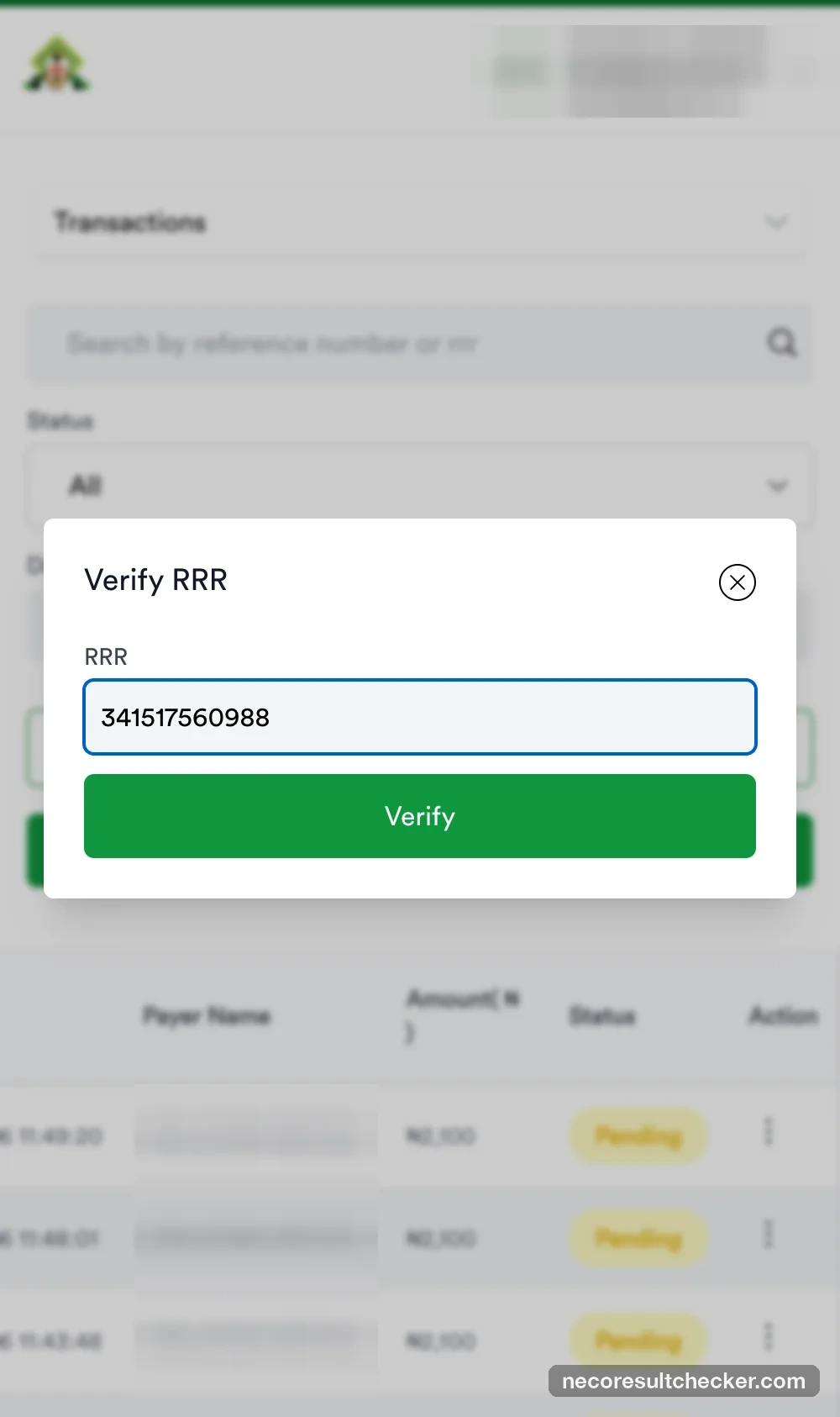 Verify RRR panel with the RRR typed in and a Verify button