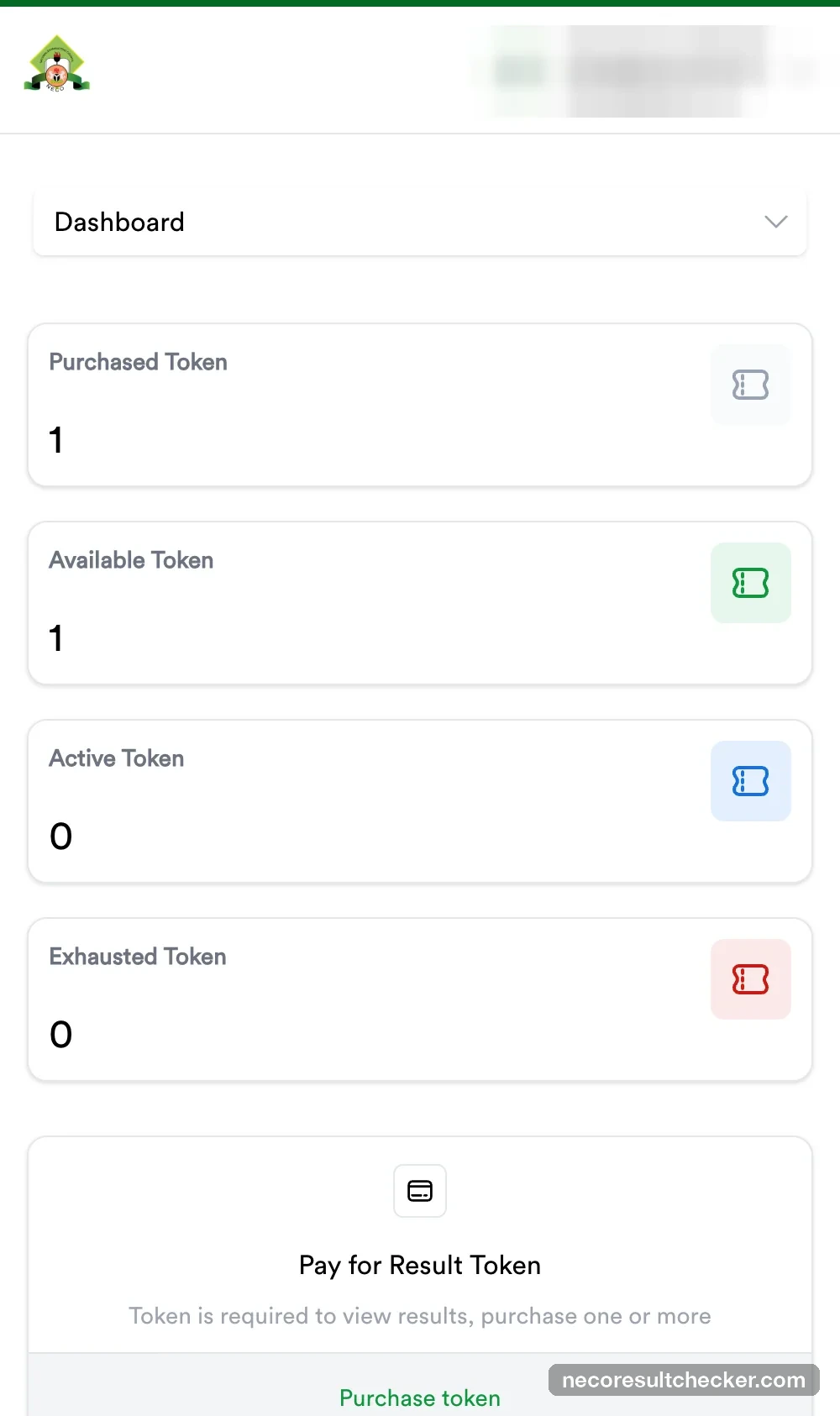 NECO dashboard now showing Purchased Token 1 and Available Token 1