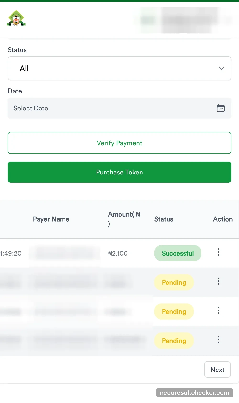 Transactions page with the RRR row now marked Successful; older unpaid rows still Pending