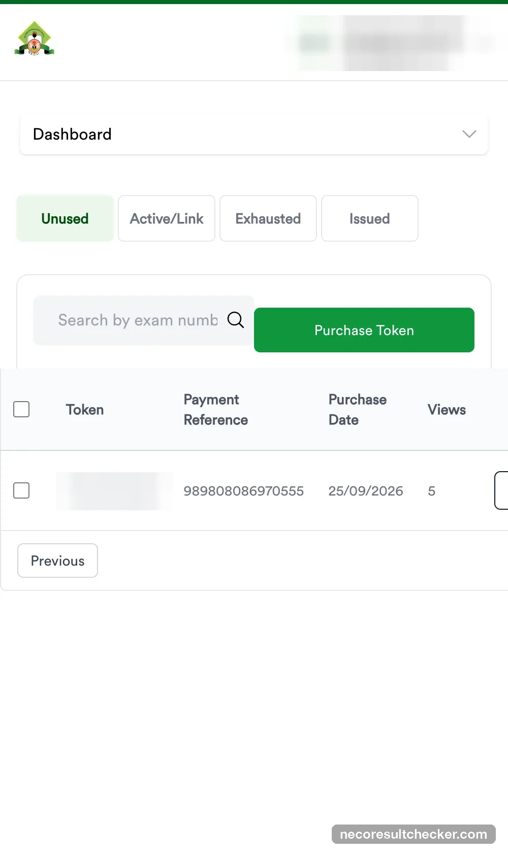 Tokens page, Unused tab: one 12-digit token (masked), payment reference, purchase date, Views 5, Check Result button