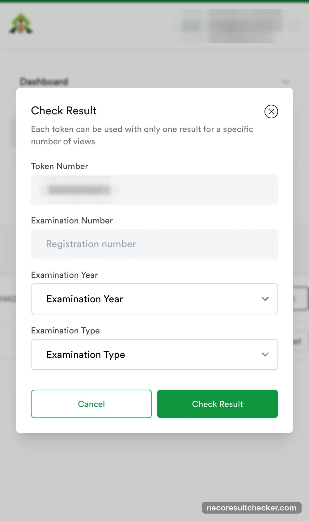 Check Result panel with the token pre-filled and fields for Examination Number, Year and Type